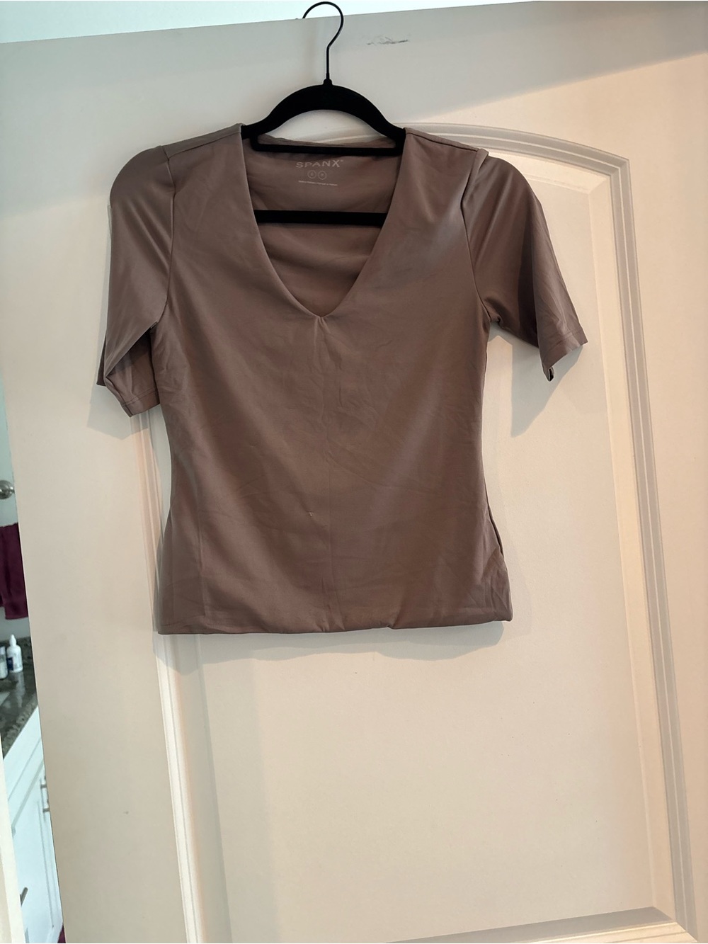 SPANX Short-Sleeve V-Neck Top in Taupe